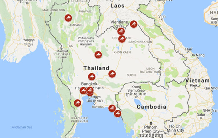 The 13 of the 15 provinces in Thailand known to have reported cases of Zika as of Tuesday. Image: Google
